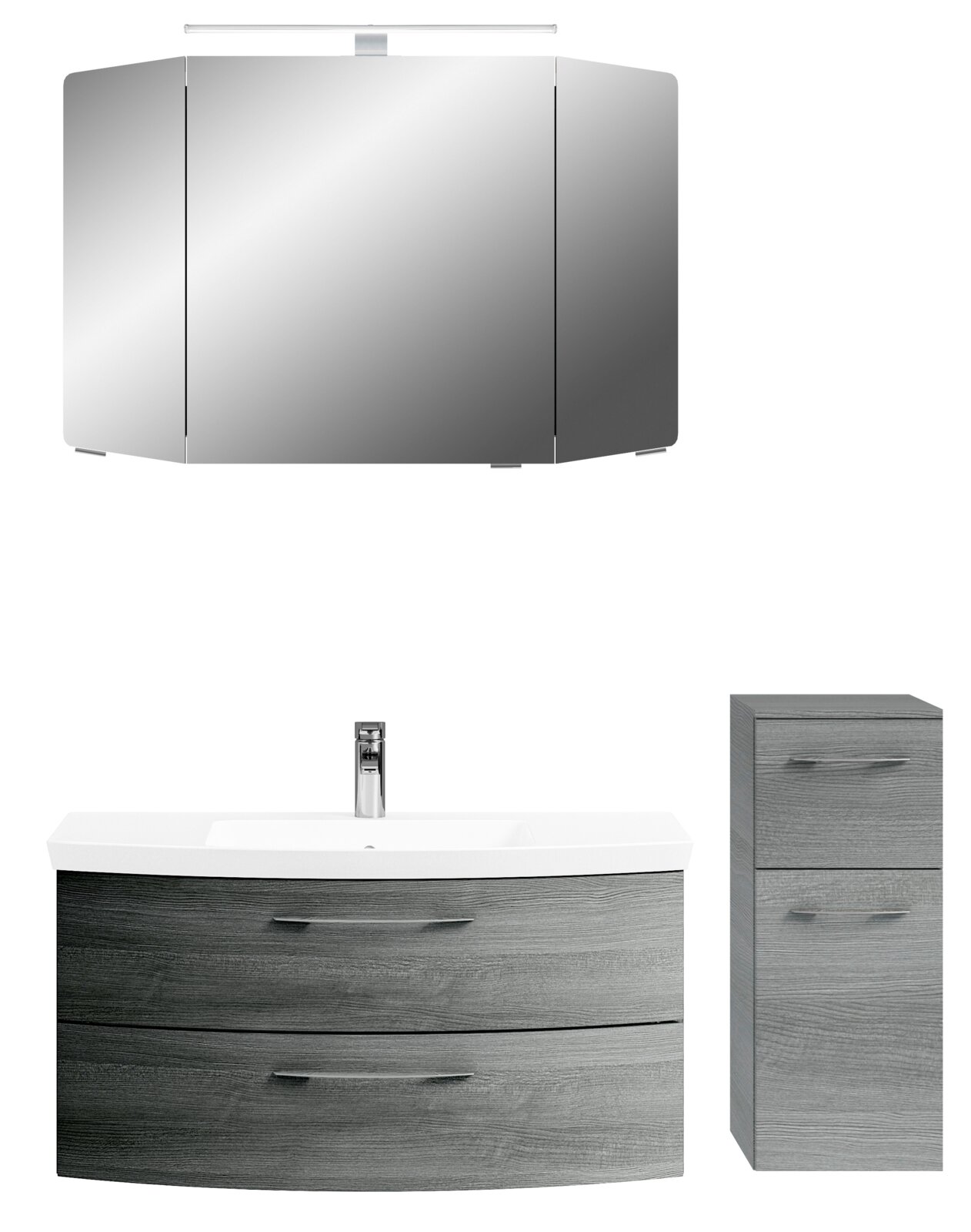 Moderne Badkombination mit Spiegelschrank, Waschbeckenunterschrank und Hochschrank in grauer Holzoptik, Frontalansicht