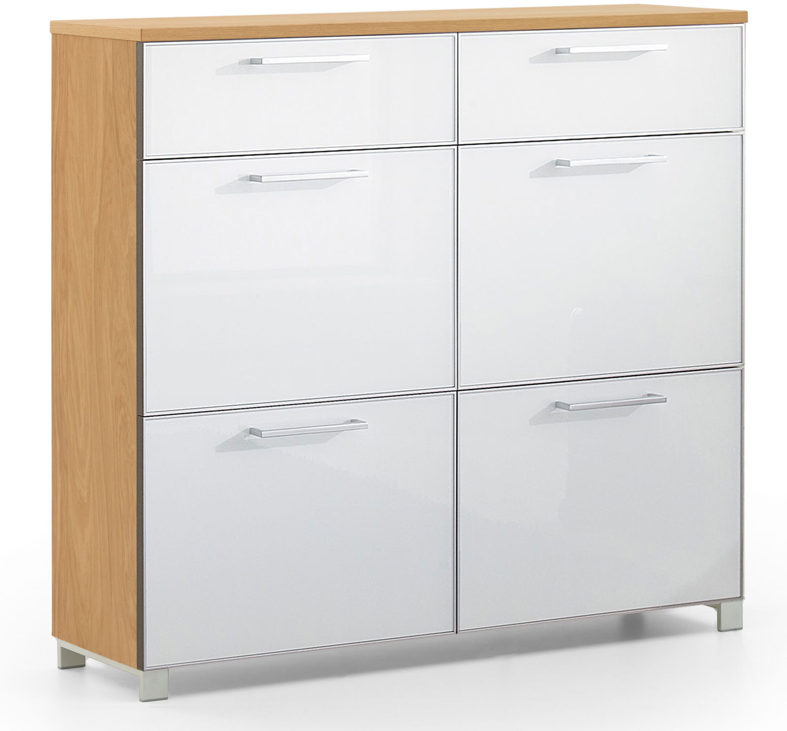 VOSS Schuhschrank SANTINA Moderner Schuhschrank mit weißer Hochglanzfront und Holzseiten, seitliche Perspektive