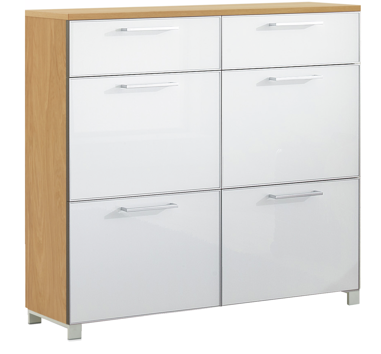 VOSS Schuhschrank SANTINA Moderner Schuhschrank mit weißer Hochglanzfront und Holzseiten, seitliche Perspektive