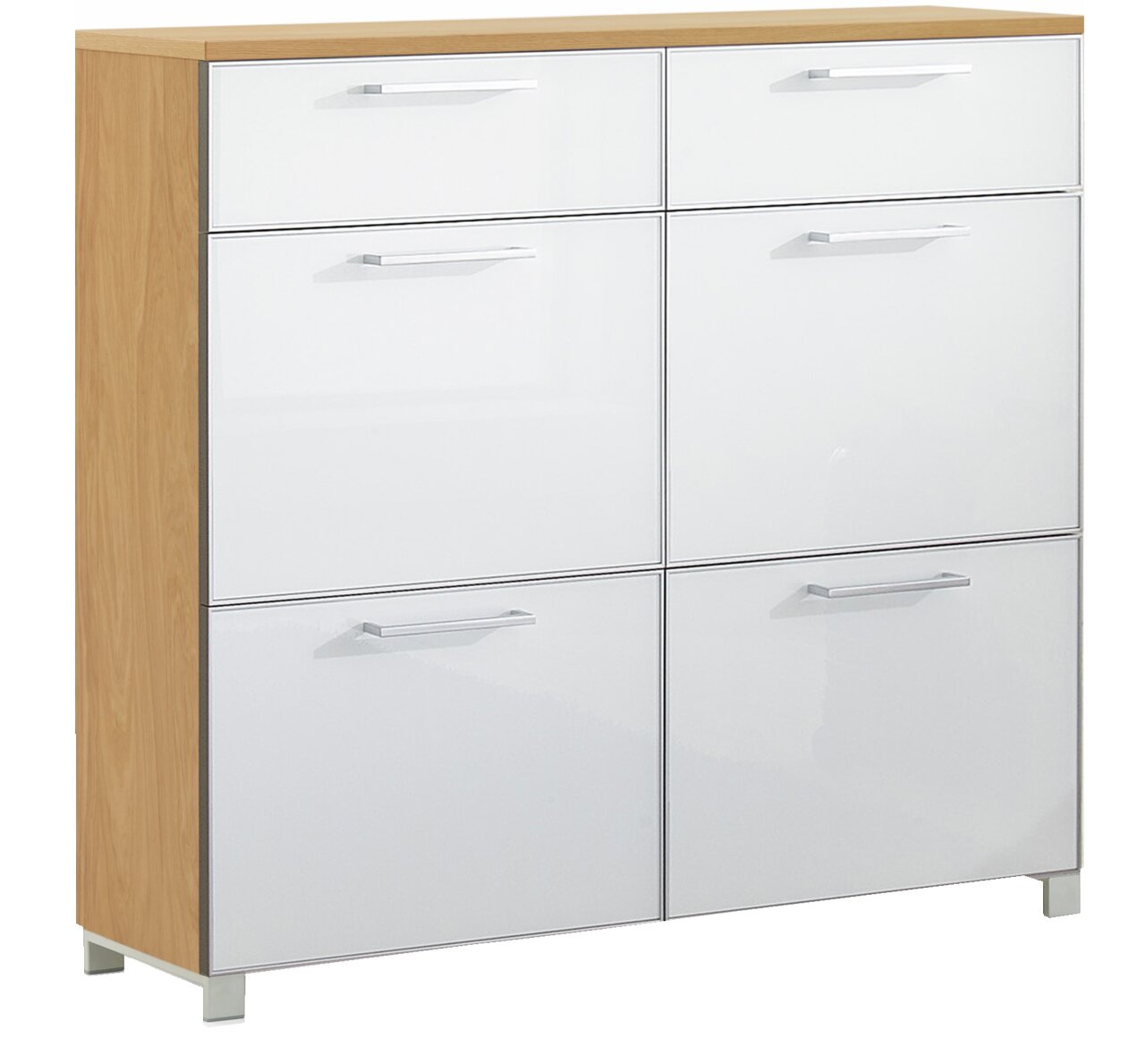 VOSS Schuhschrank SANTINA Moderner Schuhschrank mit weißer Hochglanzfront und Holzseiten, seitliche Perspektive