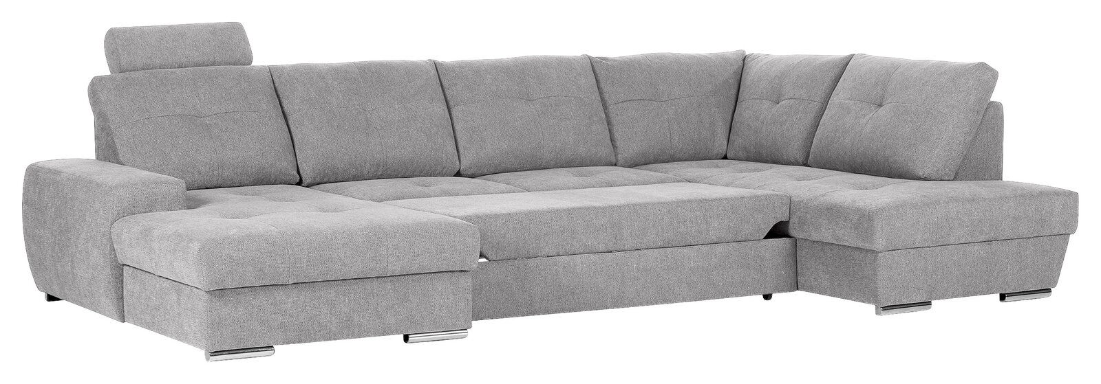 Graues Ecksofa mit Ottomane links, Ansicht von vorne.