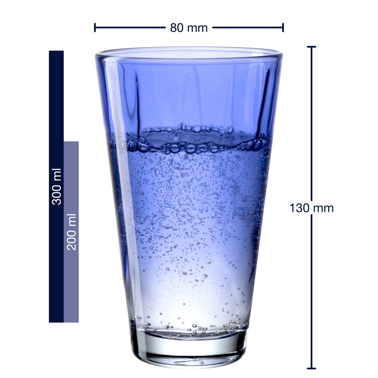 Blauw drinkglas Twist 300 ml, zijaanzicht gevuld met water, afmetingen: 80 mm diameter en 130 mm hoogte