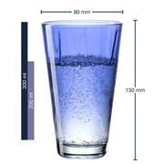 Blaues Trinkglas Twist 300ml, seitliche Ansicht mit Wasser gefüllt, Maße 80 mm Durchmesser und 130 mm Höhe