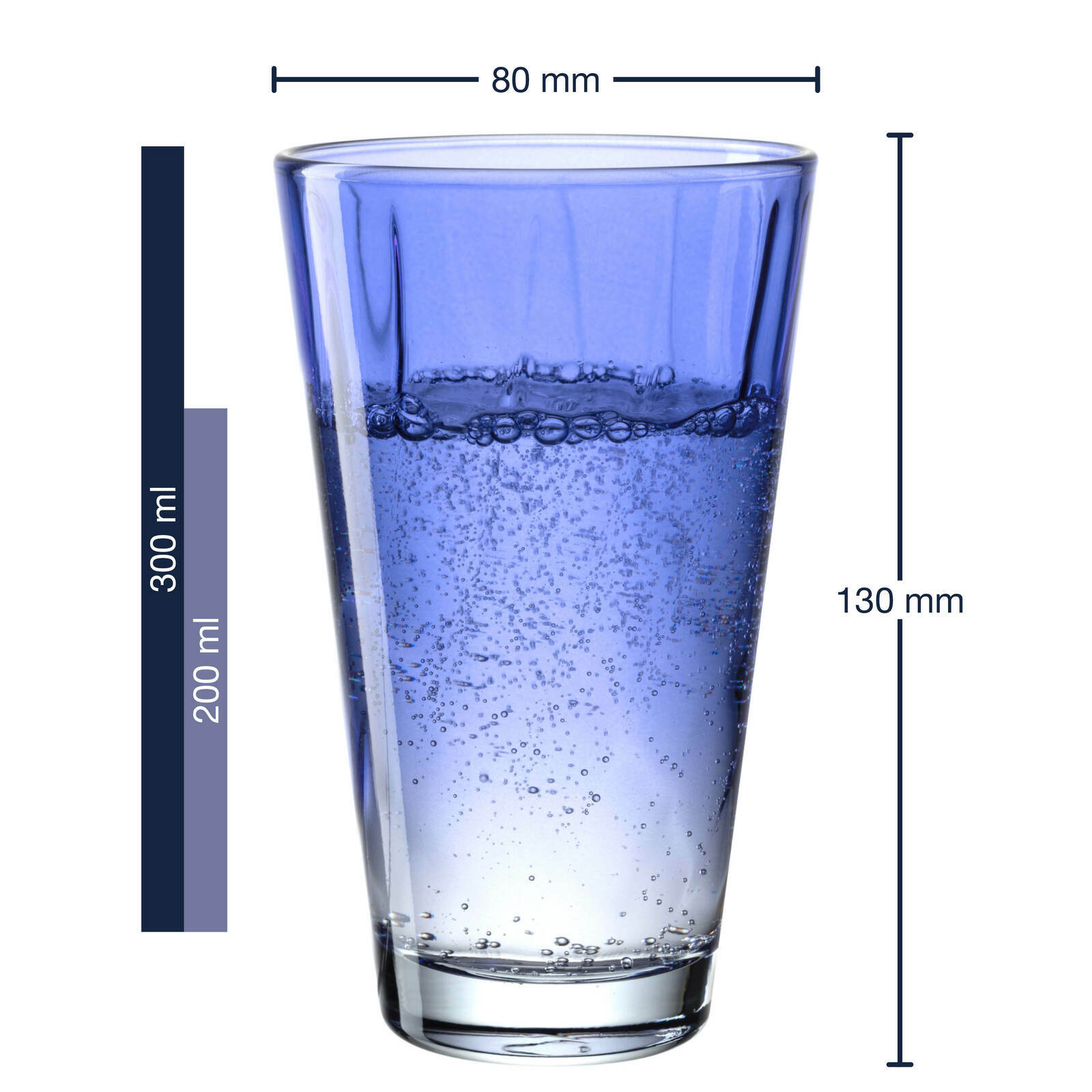 Blaues Trinkglas Twist 300ml, seitliche Ansicht mit Wasser gefüllt, Maße 80 mm Durchmesser und 130 mm Höhe