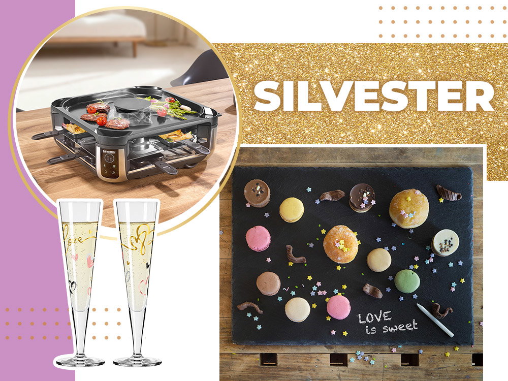 Raclette-grill met eten, feestelijke champagneglazen, macarons op een leisteen, tekst „SILVESTER“, feestelijke achtergrond.