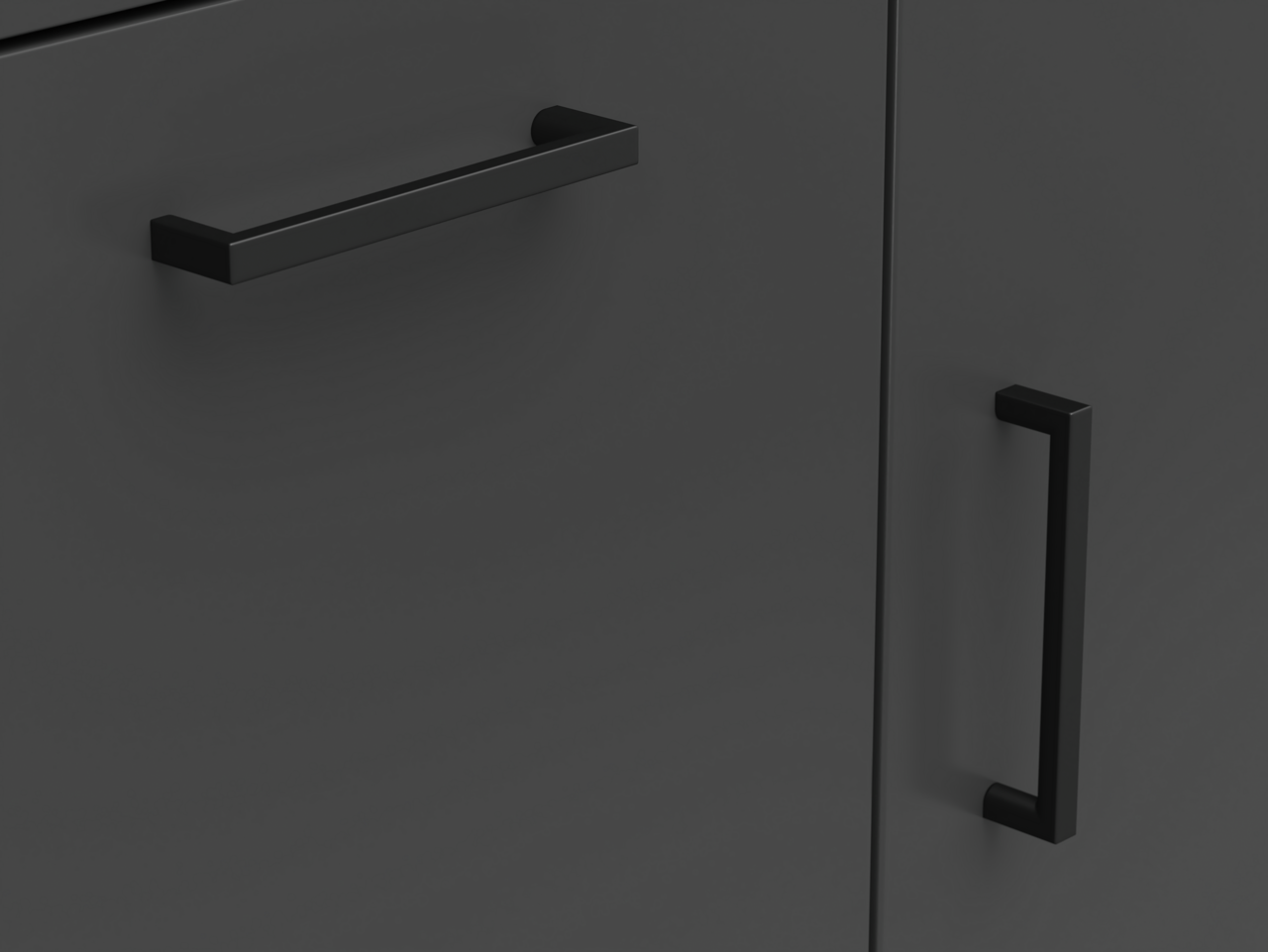 Nahaufnahme einer schwarzen Kommode mit modernen, rechteckigen Griffen, seitliche Perspektive
