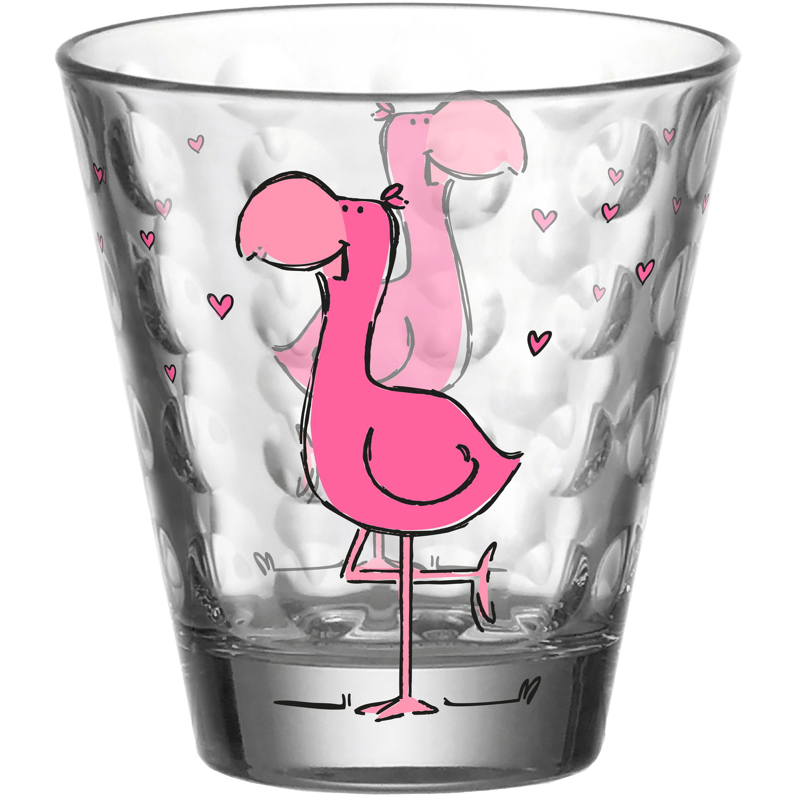 Glasbecher mit rosa Flamingo-Design und kleinen Herzen, Vorderansicht