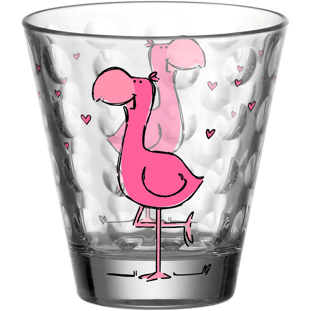 Glasbecher mit rosa Flamingo-Design und kleinen Herzen, Vorderansicht