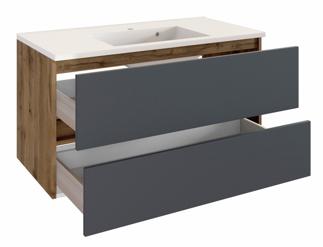 XORA Wastafel LUCCA Moderner Waschplatz mit zwei offenen Schubladen, Holzoptik und weißem Waschbecken, seitliche Perspektive