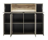 Frontansicht eines Highboards mit offenen Türen und Fächern, beleuchtetes Holzdetail oben.