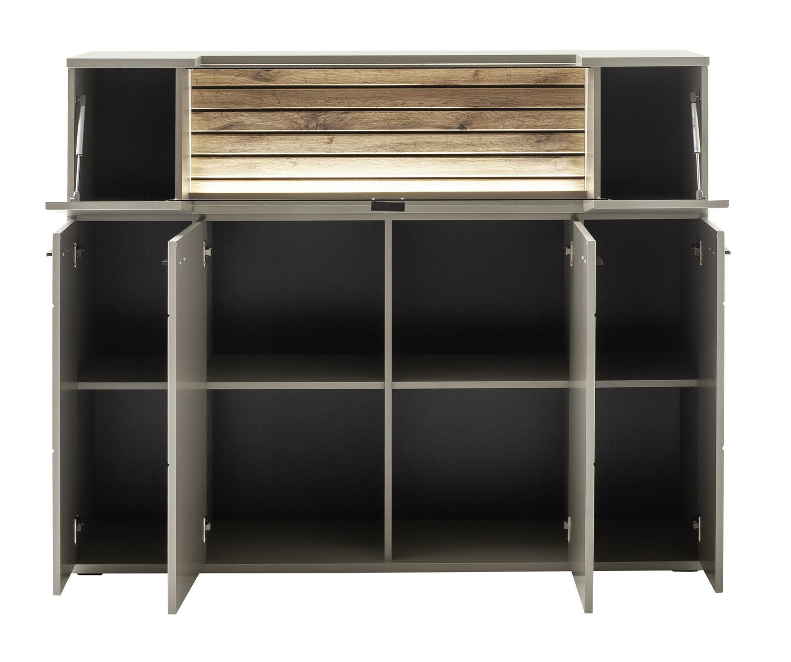 Frontansicht eines Highboards mit offenen Türen und Fächern, beleuchtetes Holzdetail oben.