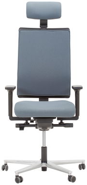 Frontalansicht eines modernen Drehstuhls mit blauer Polsterung, verstellbarer Kopfstütze und Armlehnen, auf einem stabilen Metallfuß mit Rollen.