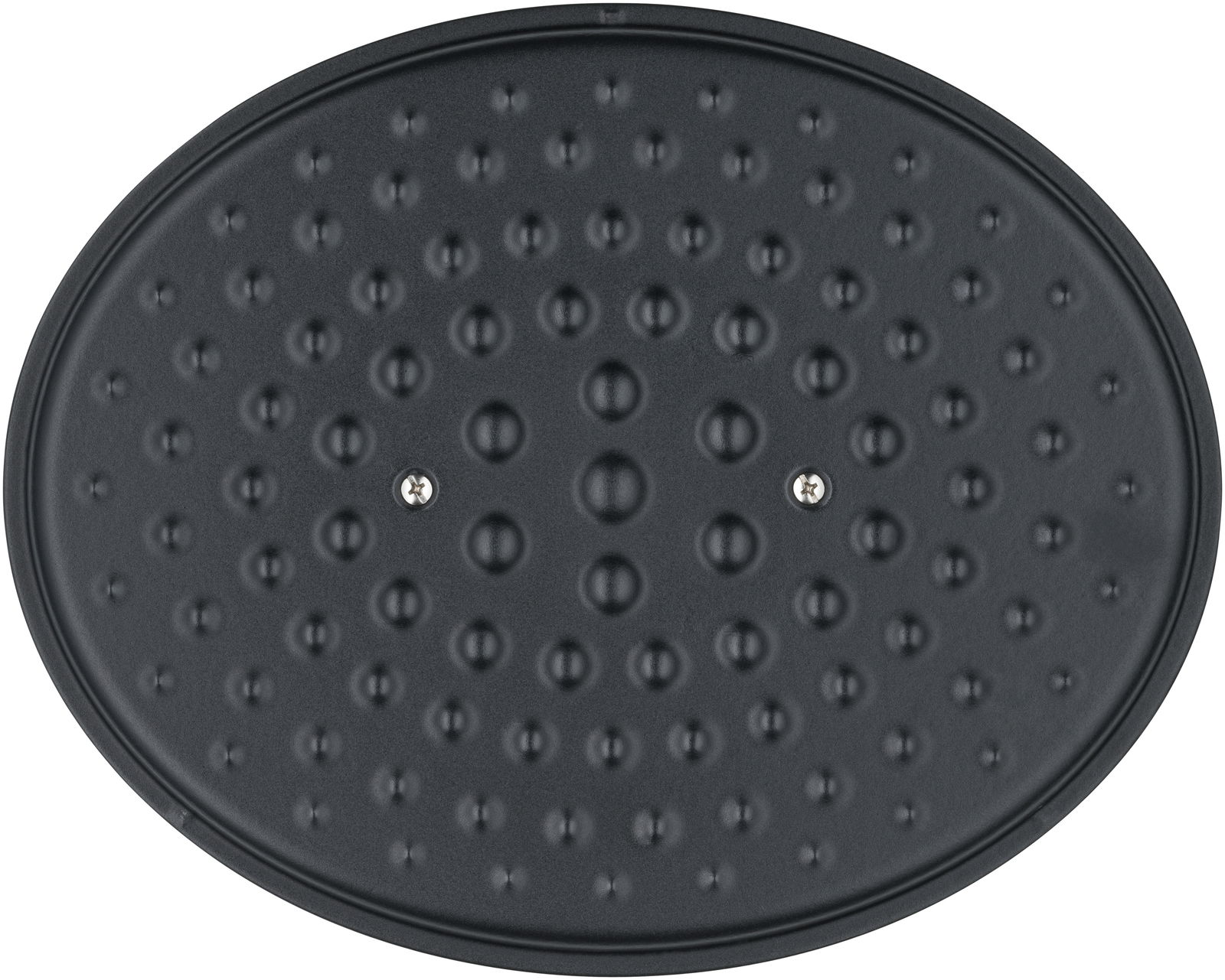 Ansicht von unten des ovalen WMF Flavour Bräters 33x26cm mit genoppter Struktur und zwei Schrauben.