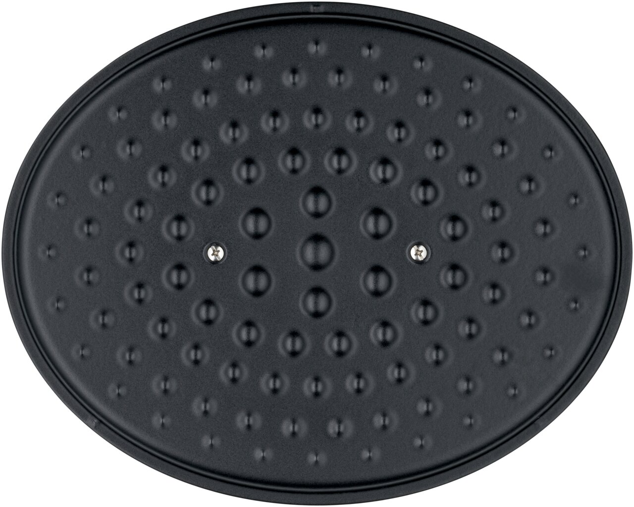 Onderaanzicht van de ovale WMF Flavour-braadpan van 33 x 26 cm met noppenpatroon en twee schroeven.