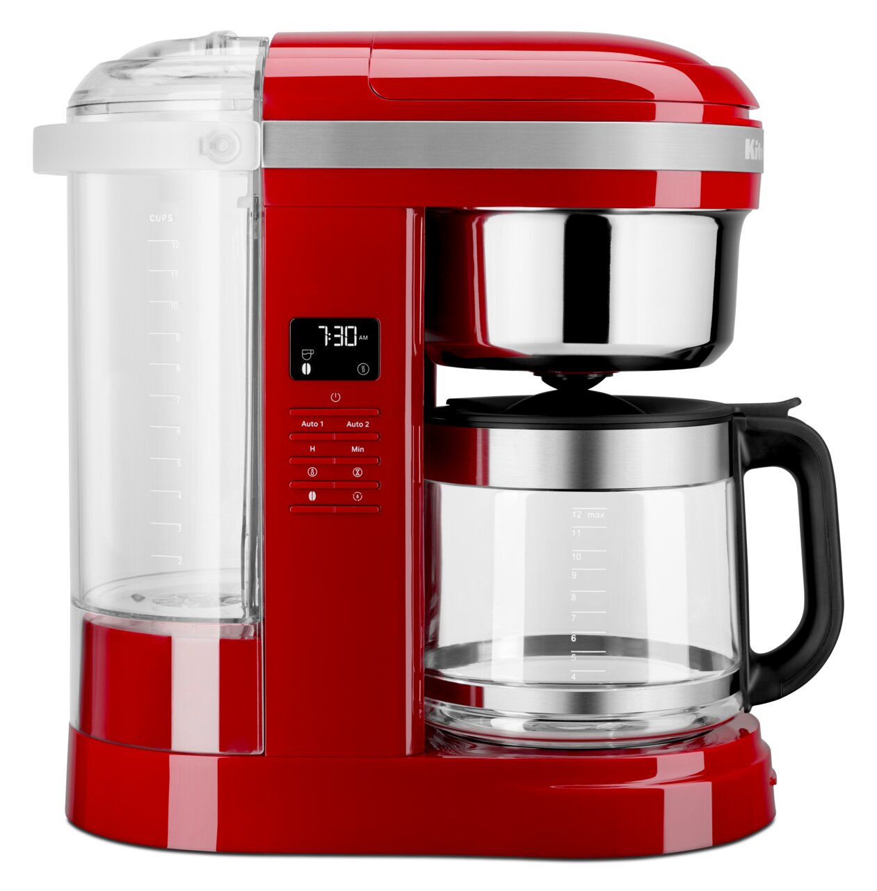 Rote Kaffeemaschine Empire mit Glaskanne und digitalem Display, Seitenansicht