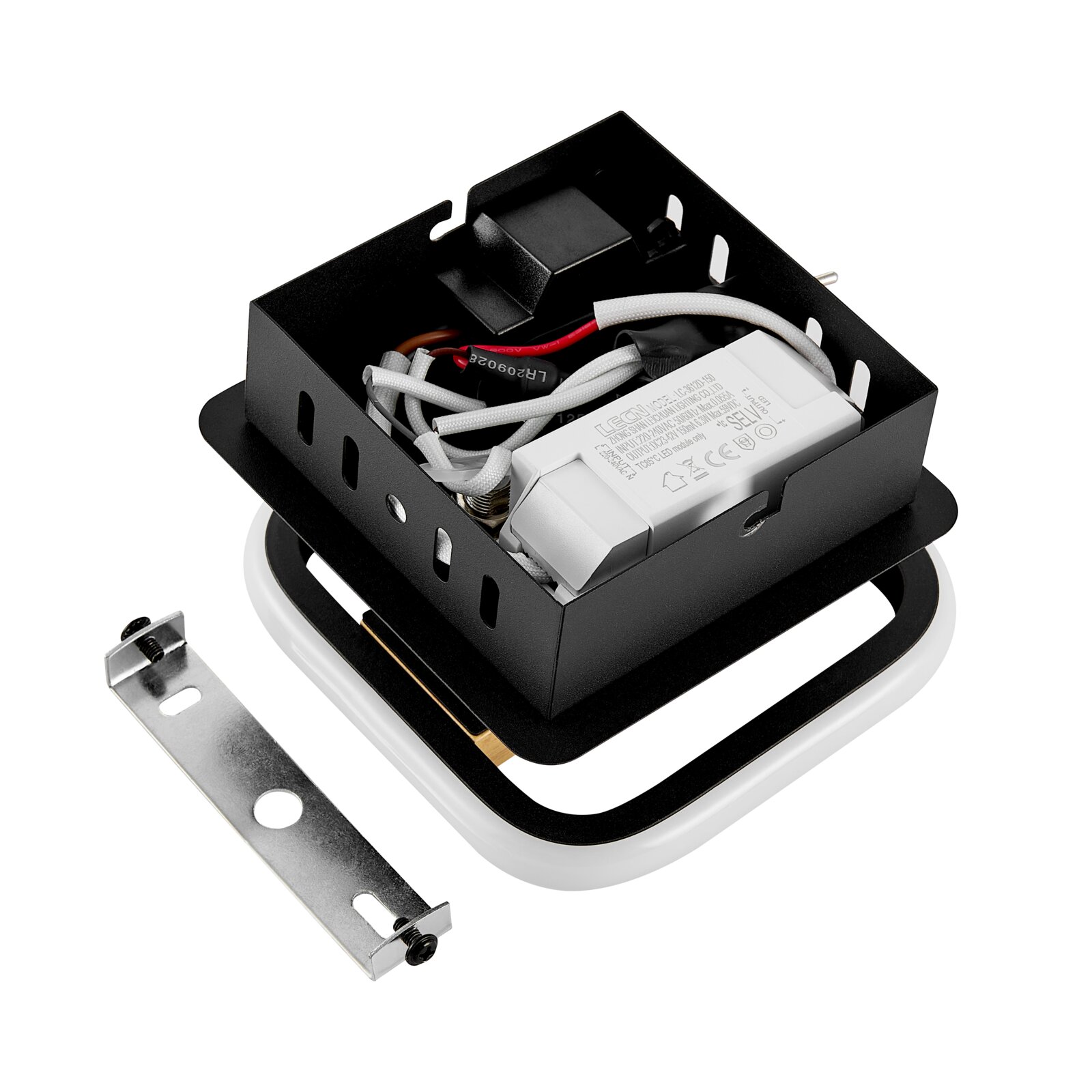 Zwart inbouwframe voor LED-downlight met geïntegreerde LED-driver en aansluitkabels, incl. montagebeugel, in schuin bovenaanzicht