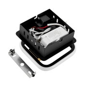 Schwarzer Einbaurahmen für LED-Downlight mit integriertem LED-Treiber und Anschlusskabeln, inkl. Montagebügel, in schräger Draufsicht von oben