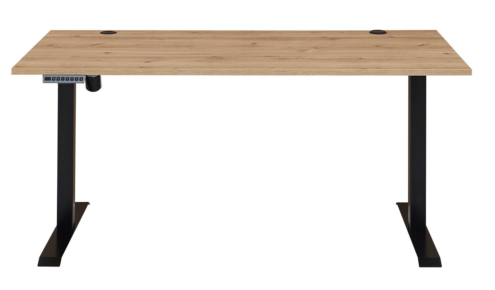 Elektrisch höhenverstellbarer Schreibtisch aus Melamin mit Holzoptik, Vorderansicht