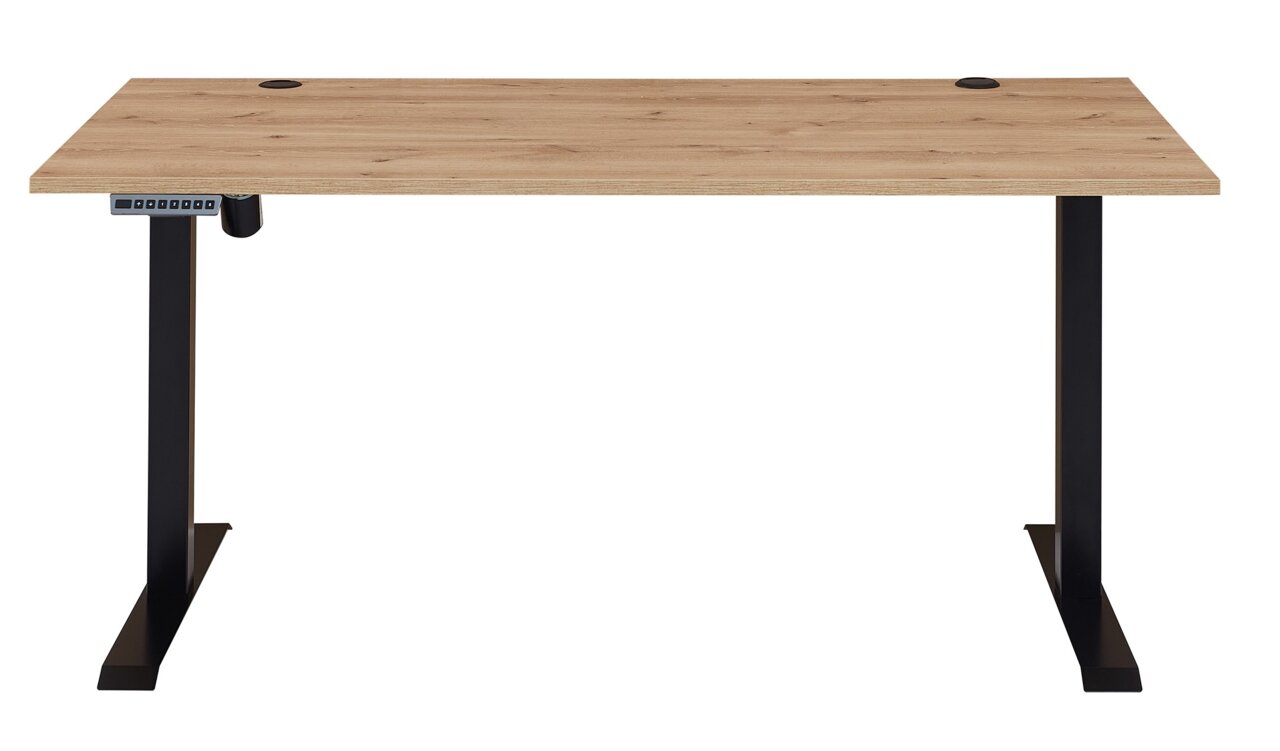 Elektrisch höhenverstellbarer Schreibtisch aus Melamin mit Holzoptik, Vorderansicht