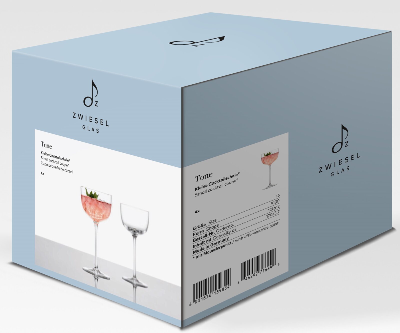 Hellblaue Produktverpackung von Zwiesel Glas „Tone“ für 4 kleine Cocktailschalen (Small cocktail coupe), schräg von vorn/oben in 3/4-Perspektive fotografiert, mit Abbildung der Gläser auf der Vorderseite.