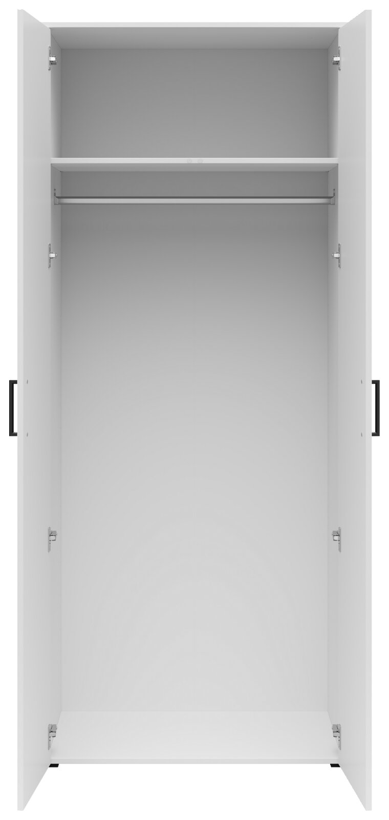 Offener Mehrzweck-Kleiderschrank mit zwei Türen, einer Kleiderstange und einem Regalbrett, frontale Ansicht.
