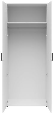 Offener Mehrzweck-Kleiderschrank mit zwei Türen, einer Kleiderstange und einem Regalbrett, frontale Ansicht.