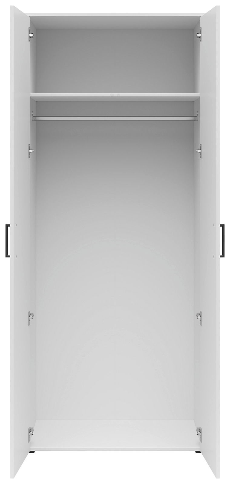 Offener Mehrzweck-Kleiderschrank mit zwei Türen, einer Kleiderstange und einem Regalbrett, frontale Ansicht.