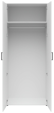 Offener Mehrzweck-Kleiderschrank mit zwei Türen, einer Kleiderstange und einem Regalbrett, frontale Ansicht.