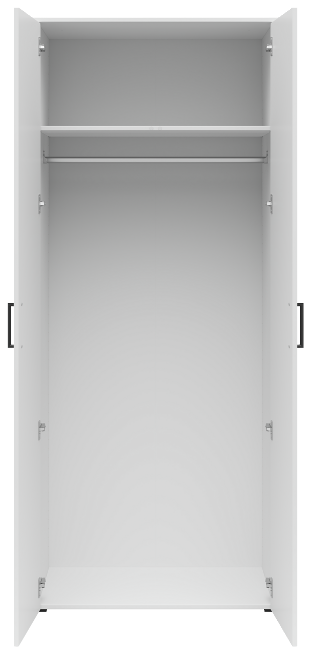Offener Mehrzweck-Kleiderschrank mit zwei Türen, einer Kleiderstange und einem Regalbrett, frontale Ansicht.