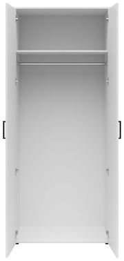 Offener Mehrzweck-Kleiderschrank mit zwei Türen, einer Kleiderstange und einem Regalbrett, frontale Ansicht.