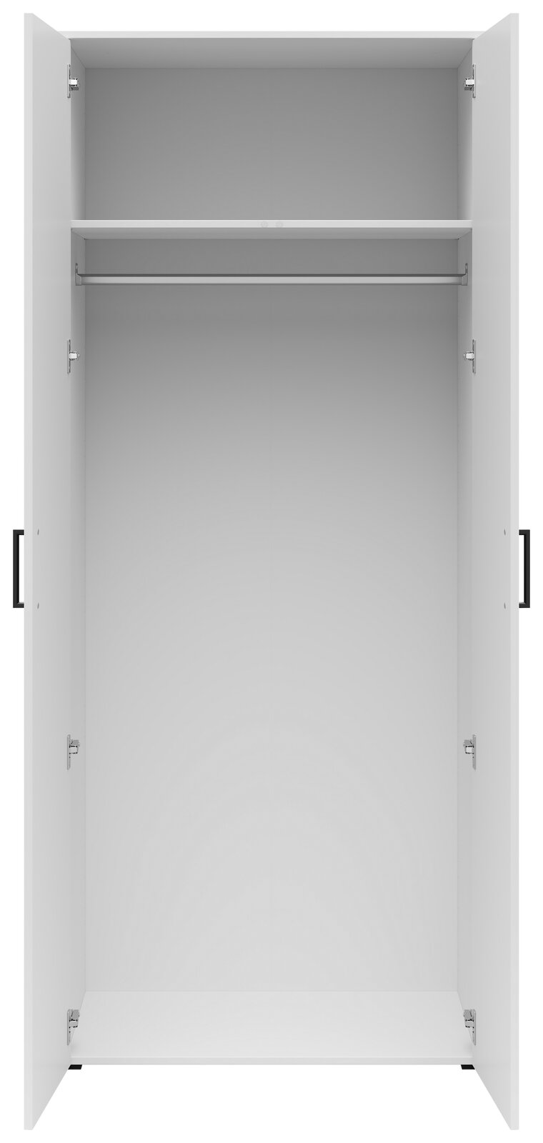 Offener Mehrzweck-Kleiderschrank mit zwei Türen, einer Kleiderstange und einem Regalbrett, frontale Ansicht.