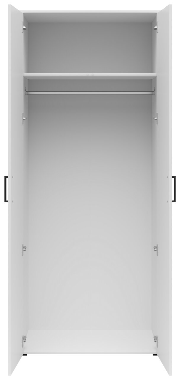 Offener Mehrzweck-Kleiderschrank mit zwei Türen, einer Kleiderstange und einem Regalbrett, frontale Ansicht.