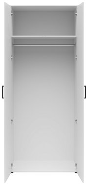 Offener Mehrzweck-Kleiderschrank mit zwei Türen, einer Kleiderstange und einem Regalbrett, frontale Ansicht.