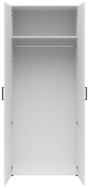 Offener Mehrzweck-Kleiderschrank mit zwei Türen, einer Kleiderstange und einem Regalbrett, frontale Ansicht.