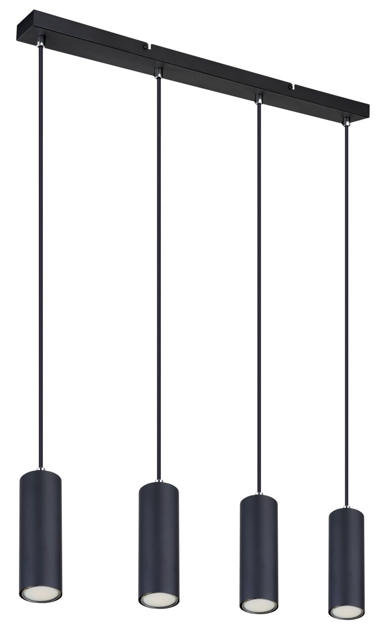Moderne Hängeleuchte mit vier zylindrischen Lampenschirmen in schwarzer Farbe, von unten betrachtet.
