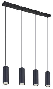 Moderne Hängeleuchte mit vier zylindrischen Lampenschirmen in schwarzer Farbe, von unten betrachtet.