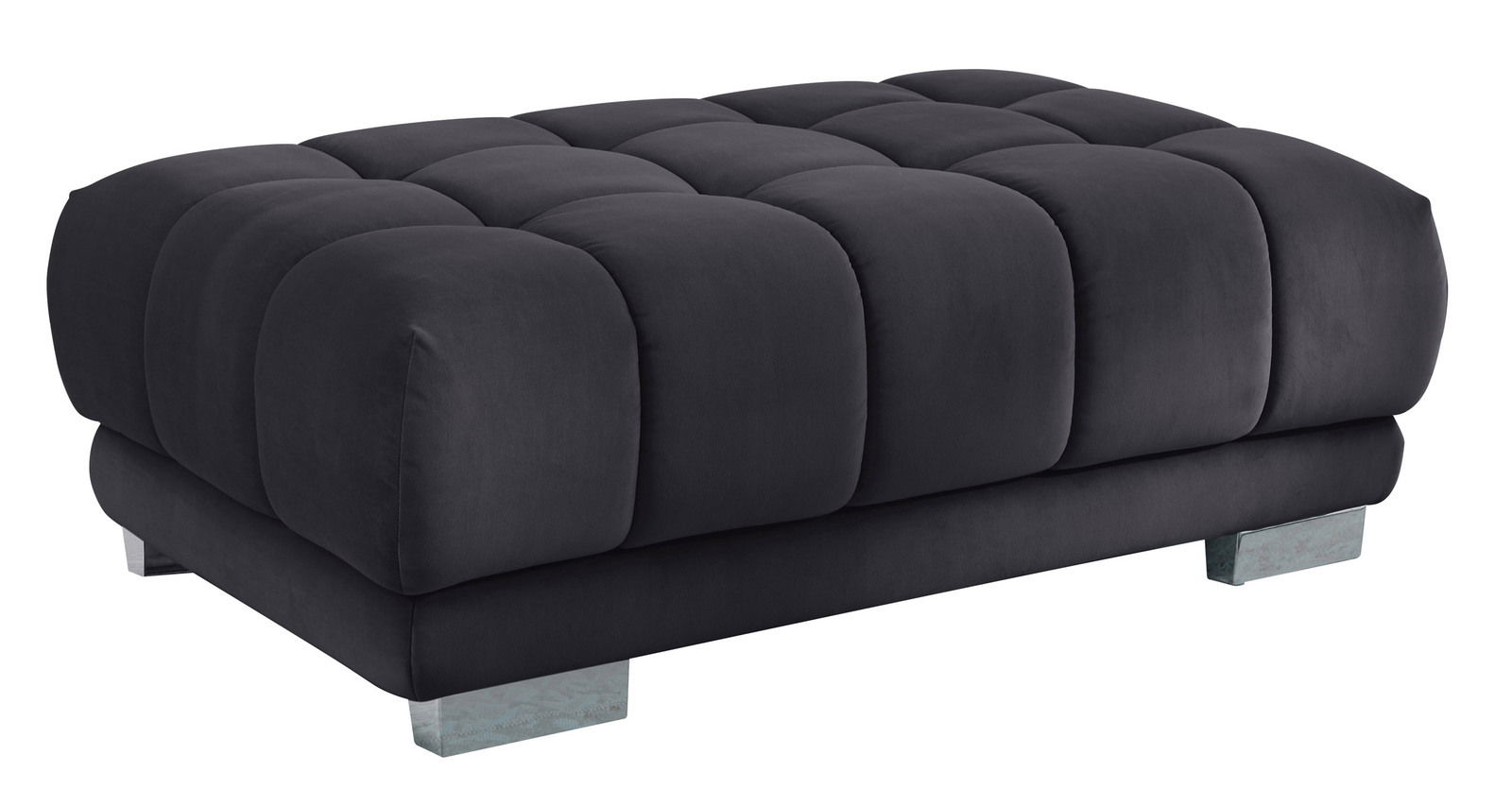 Schwarzer XXL-Hocker mit gepolstertem Design und quadratischen Nähten, seitliche Perspektive