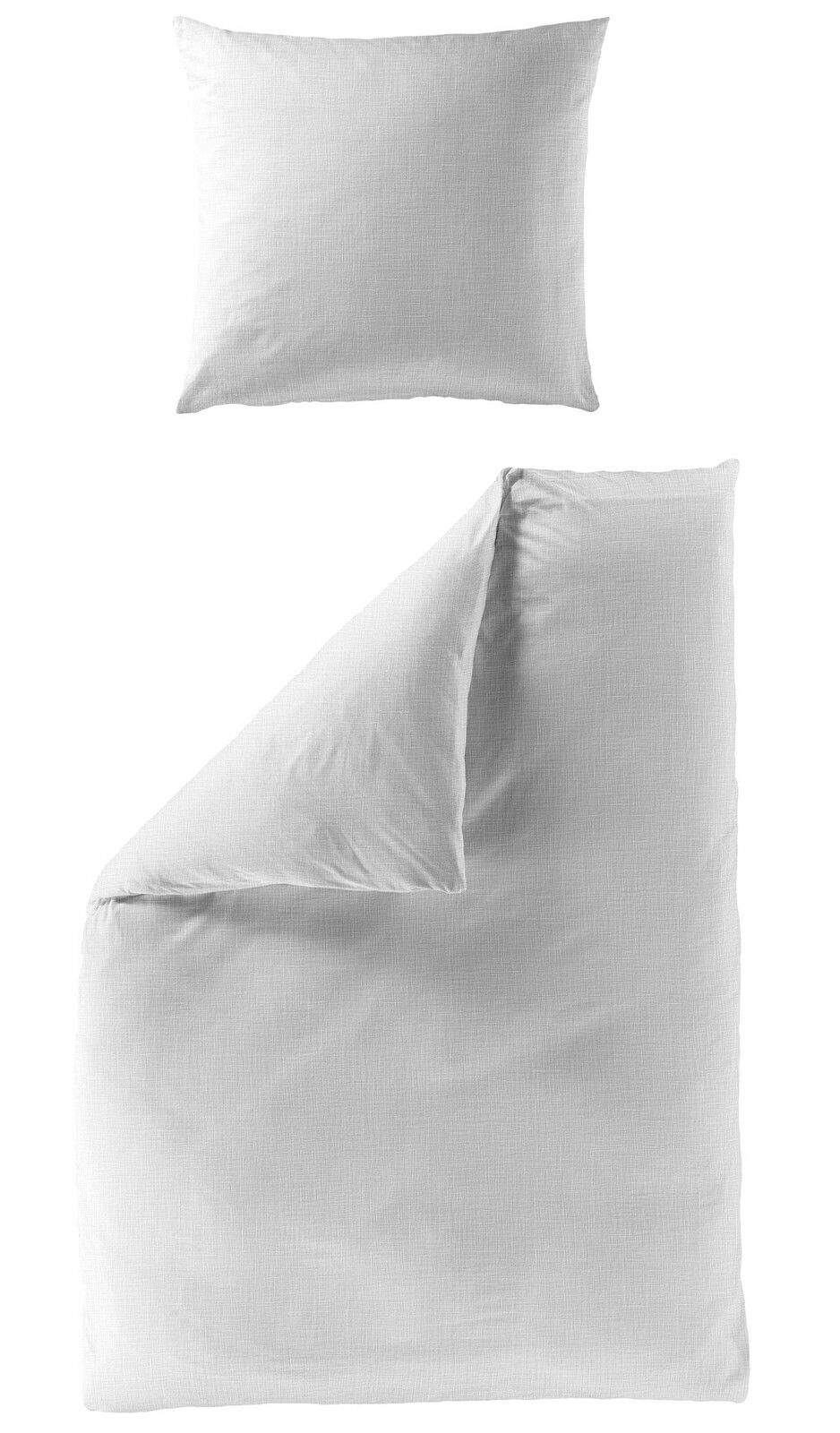 Weiße Bettwäsche-Set bestehend aus einem Kopfkissenbezug und einem Bettdeckenbezug, von oben betrachtet.