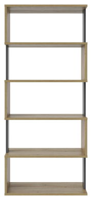 Frontale Ansicht eines breiten Regals mit fünf Holzböden und Metallrahmen.