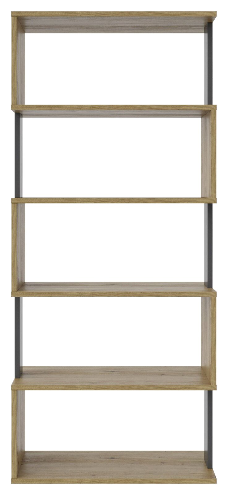 Frontale Ansicht eines breiten Regals mit fünf Holzböden und Metallrahmen.