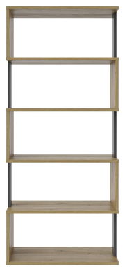 Frontale Ansicht eines breiten Regals mit fünf Holzböden und Metallrahmen.