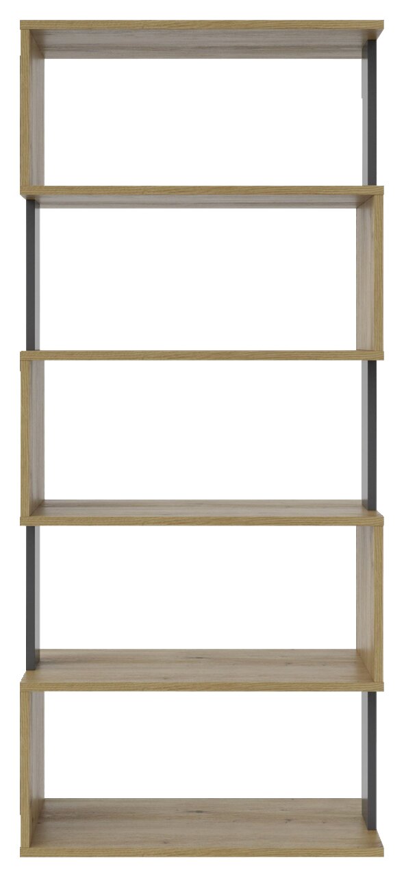 Frontale Ansicht eines breiten Regals mit fünf Holzböden und Metallrahmen.