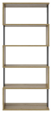 Frontale Ansicht eines breiten Regals mit fünf Holzböden und Metallrahmen.