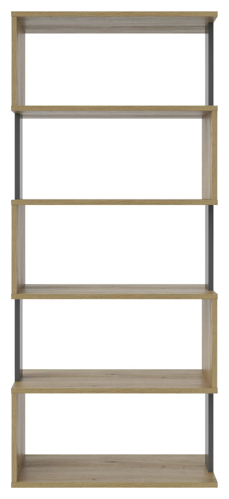 Frontale Ansicht eines breiten Regals mit fünf Holzböden und Metallrahmen.