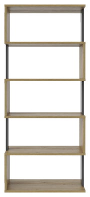 Frontale Ansicht eines breiten Regals mit fünf Holzböden und Metallrahmen.