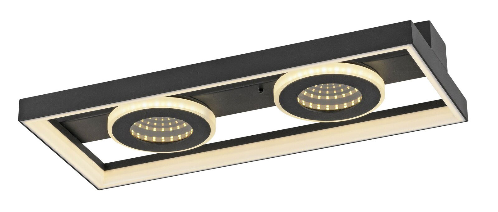 Moderne LED-Deckenleuchte mit zwei runden Leuchtelementen in einem rechteckigen Rahmen, seitliche Perspektive