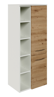 Midischrank mit weißem Korpus und Holztüren, seitliche Perspektive