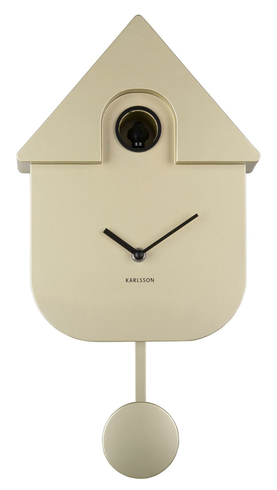 Moderne Wanduhr in Form eines minimalistischen Kuckucksuhren-Designs, frontal abgebildet, mit einem Pendel und schlichten schwarzen Zeigern auf einem beigen Hintergrund.