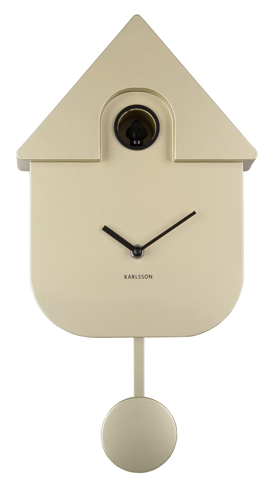 Moderne Wanduhr in Form eines minimalistischen Kuckucksuhren-Designs, frontal abgebildet, mit einem Pendel und schlichten schwarzen Zeigern auf einem beigen Hintergrund.