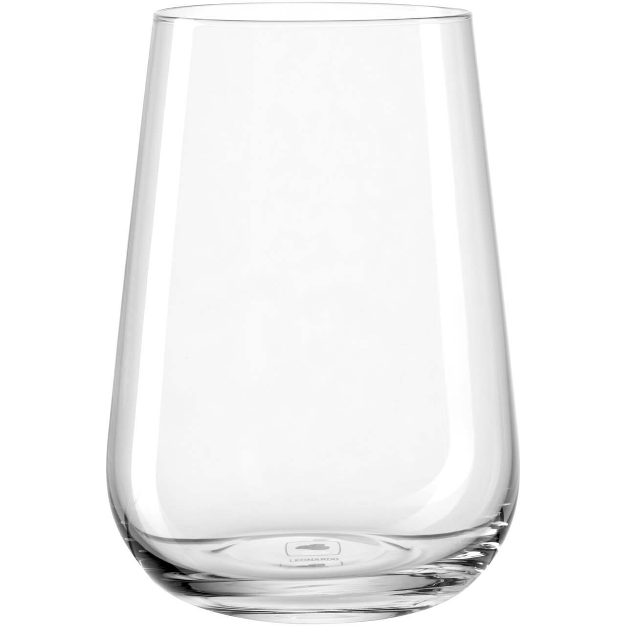 Doorzichtige glazen drinkbeker, van voren gefotografeerd, met een licht conische vorm en een gladde rand.